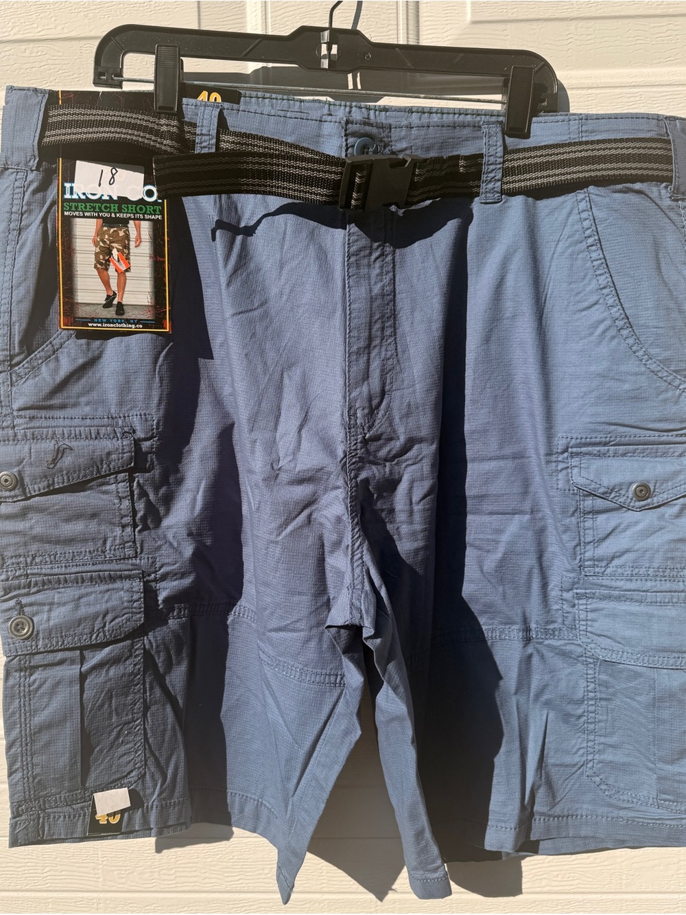 IRON CO Men's Cargo Shorts 40 Blue Gray Stretch Flex Waist With Belt NEW